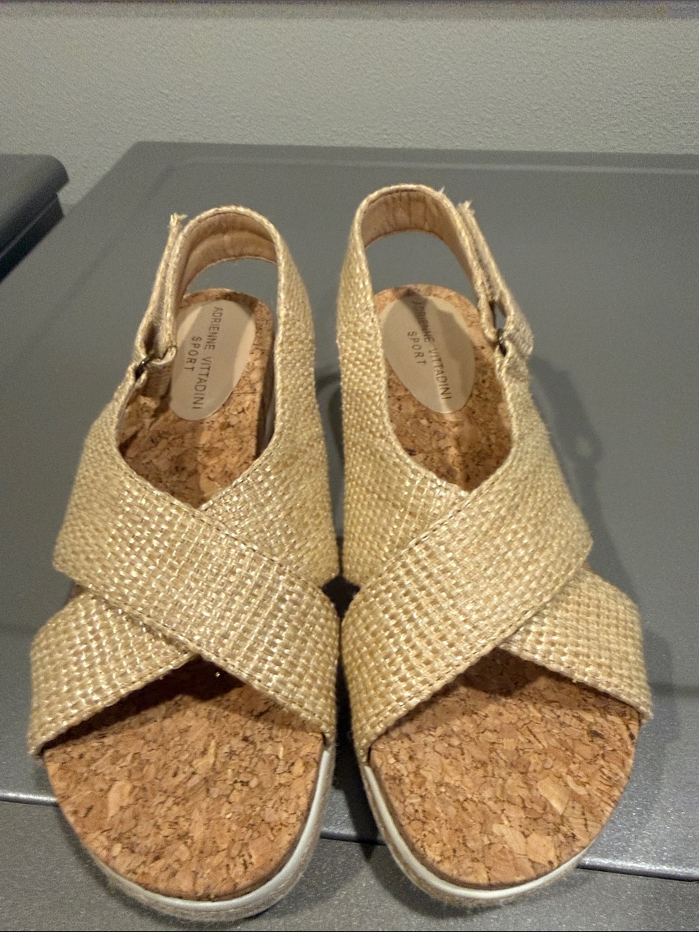 Adrienne Vittadini Gold Woven Cork Wedge Sandals